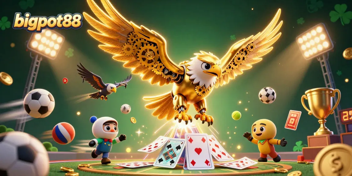 Experience bigpot88's thrilling games with an impressive golden eagle and sports elements.