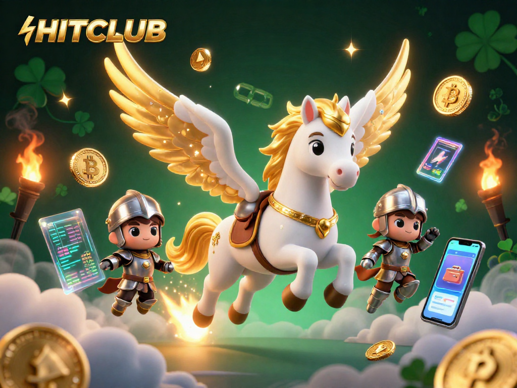 HITCLUB players immerse in a vibrant 3D illustration filled with crypto coins and gaming elements.
