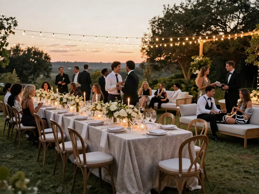 Event furniture rental showcased at an elegant outdoor wedding reception with stylish tables, floral decor, and guests enjoying the evening.
