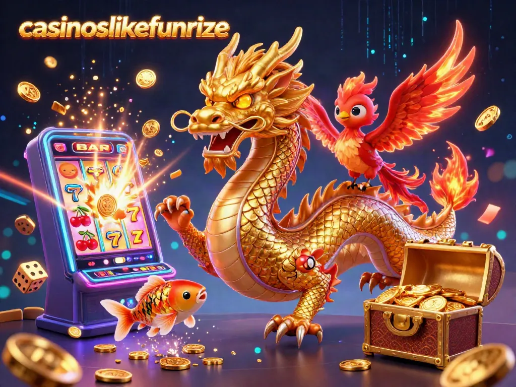 Experience excitement at casinoslikefunrize with a vibrant scene of slot machines and fantasy creatures.