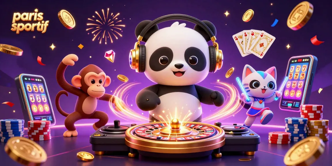 paris sportif, plateau de jeux animé avec un panda DJ, un singe danseur et un chat à la fête