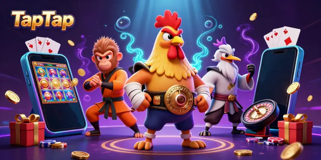 Experience thrilling gameplay with TapTap's vibrant casino scene featuring animated characters and exciting slot games.