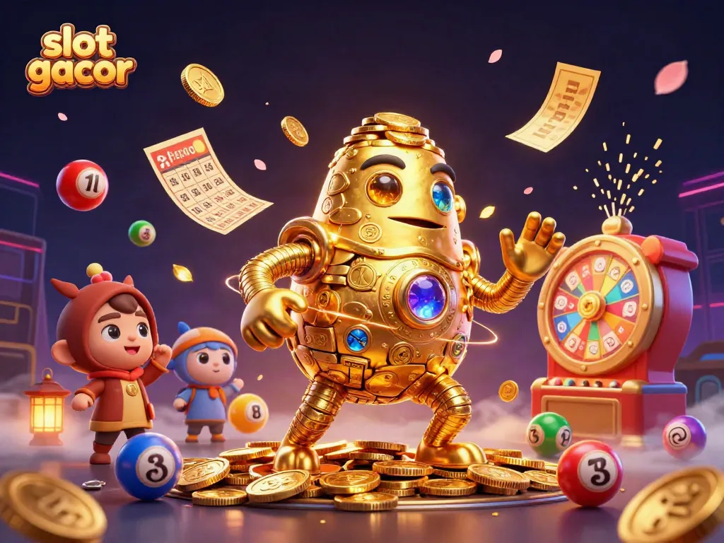 Experience the excitement of slot gacor with a vibrant 3D illustration of a golden golem surrounded by dynamic game elements.