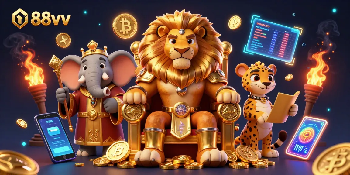 Experience the vibrant energy of 88vv in this dynamic crypto casino scene featuring a lion king and characters.