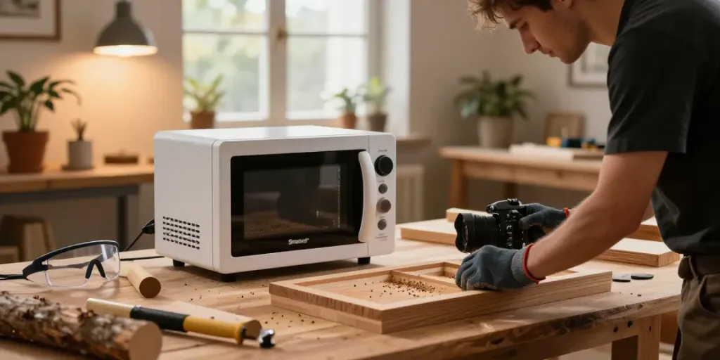 SHASHEL® microwave device actively treating wood to eliminate insects in a cozy home workshop.