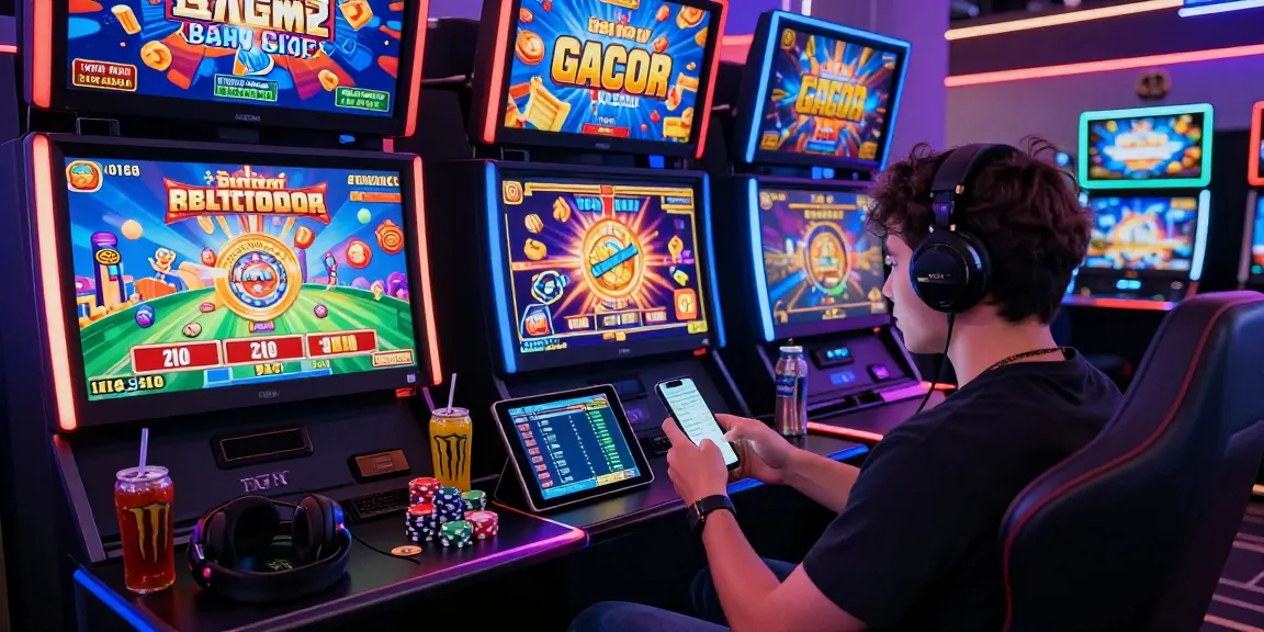 Engaged gamer experiencing thrill of slot gacor gameplay in vibrant online casino setup.