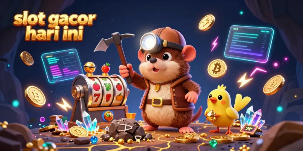 Menangkan kesempatan dengan slot gacor hari ini, ilustrasi 3D menggambarkan penambang dan simbol mesin slot yang semarak.