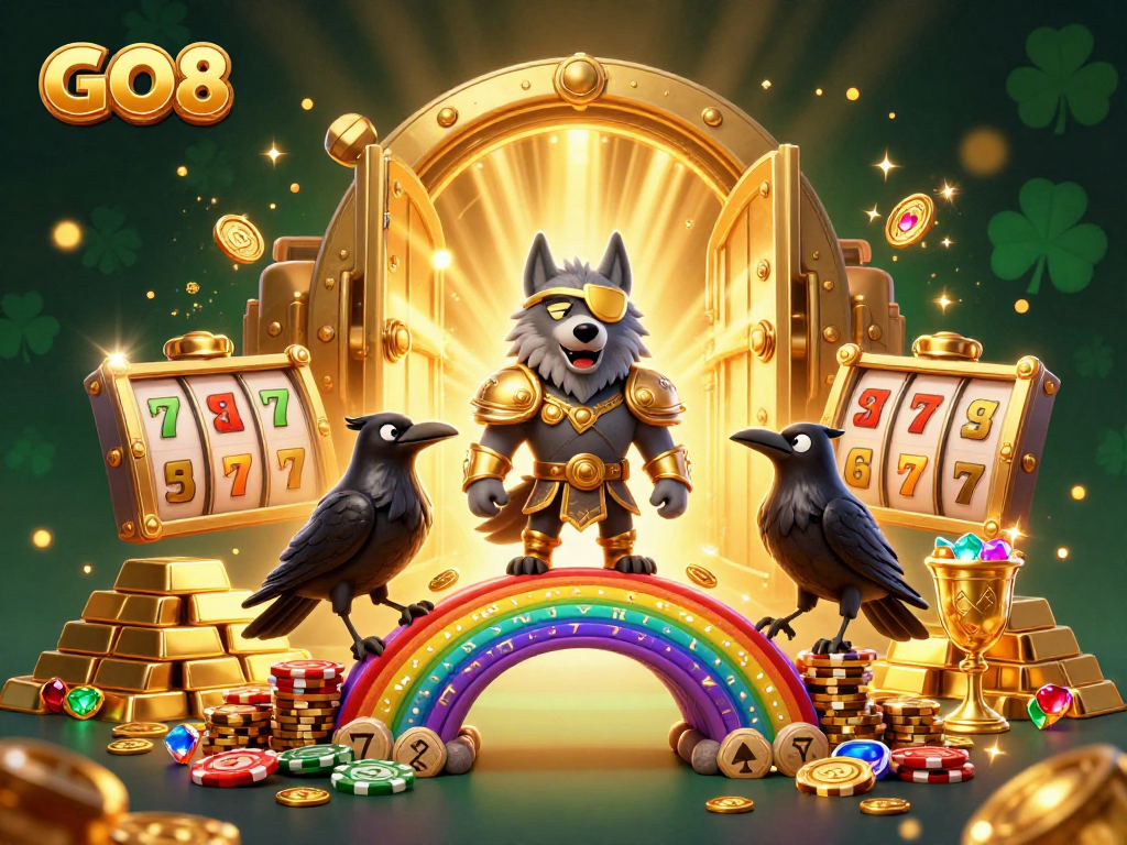 Experience thrilling gameplay with GO8's vibrant casino world, featuring epic illustrations of mythical characters and stunning treasures.