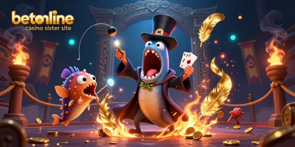 Engaging scene showcasing the betonline casino sister site with vibrant sea characters performing magic tricks, dynamic casino elements.