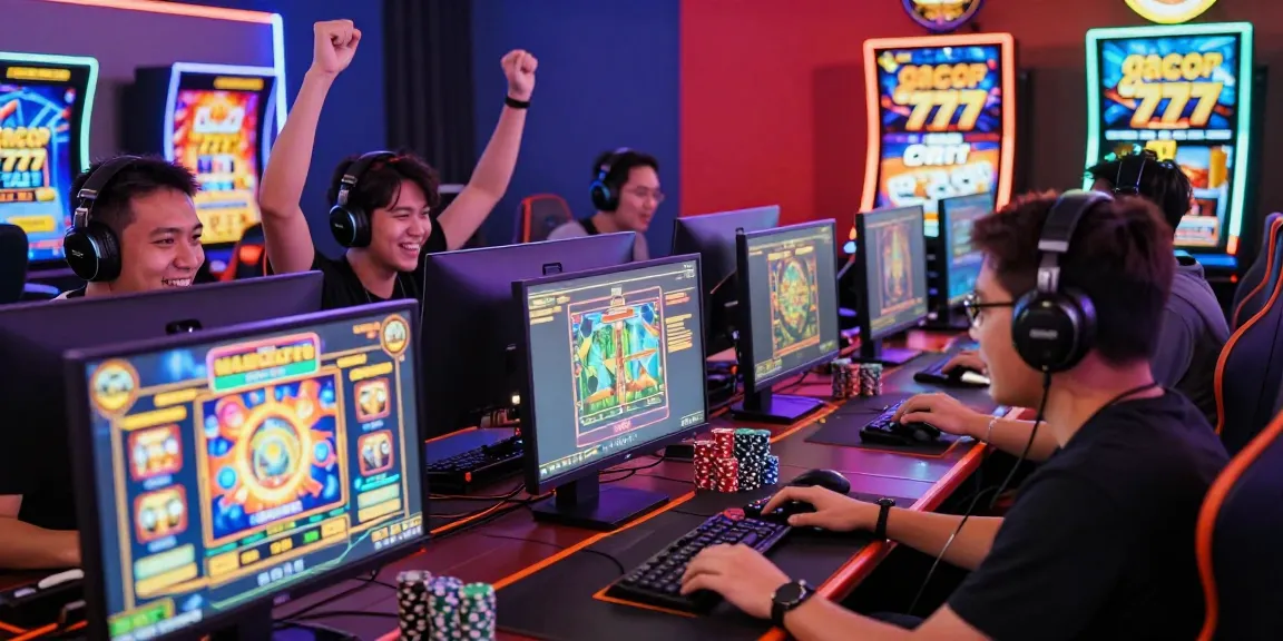 Exciting gaming scene with players enjoying slot gacor 777 online, vibrant atmosphere, and promotional bonuses.