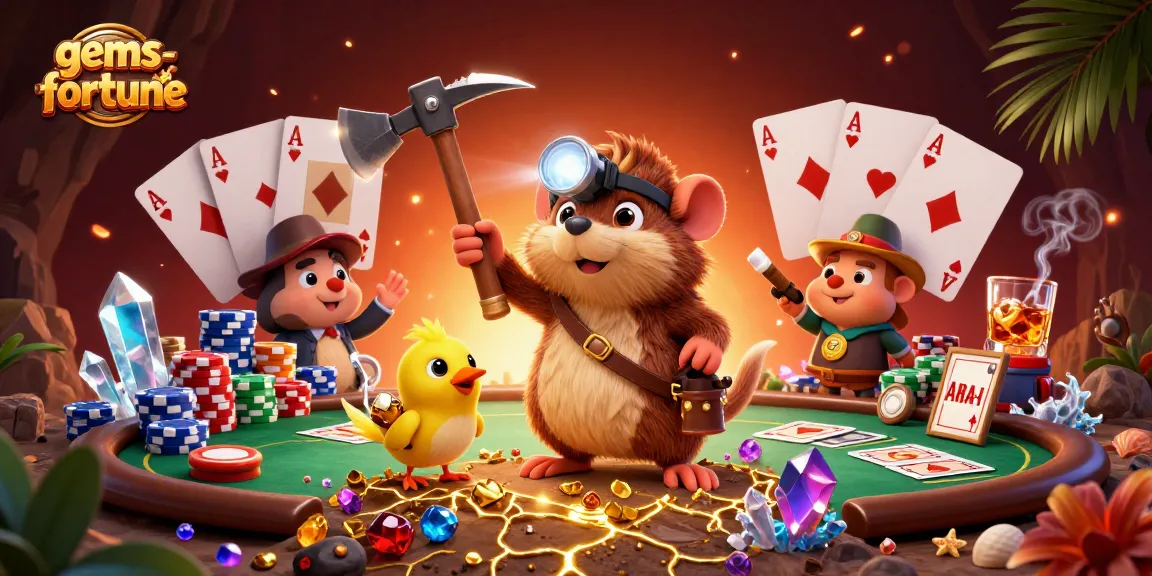 Experience the thrill of gems-fortune in this vibrant treasure hunting scene with a cartoon mole and poker elements.