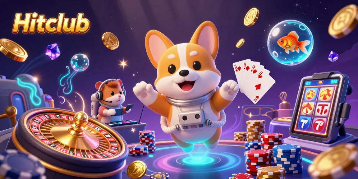 Hitclub's vibrant scene with a floating corgi, casino games, and shimmering coins, showcasing exciting action.