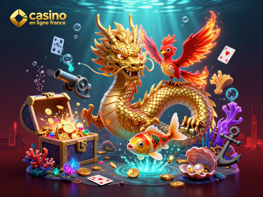 Jouez dans un casino en ligne en France avec un puissant dragon doré, un phénix et un koï chanceux entourés de pièces d'or.