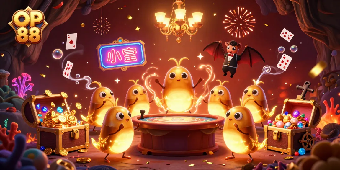 Experience the vibrant world of OP 88 with glowing glowworms in a dynamic online casino scene filled with treasure and excitement.