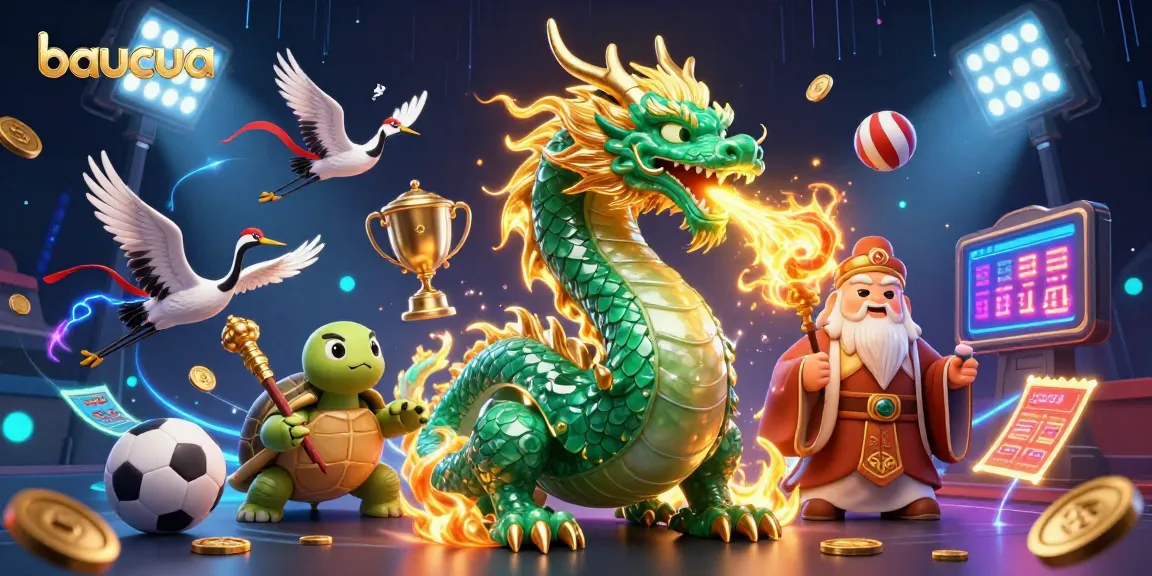 Baucua game featuring an emerald jade dragon, lucky cranes, and sports elements in dynamic action.