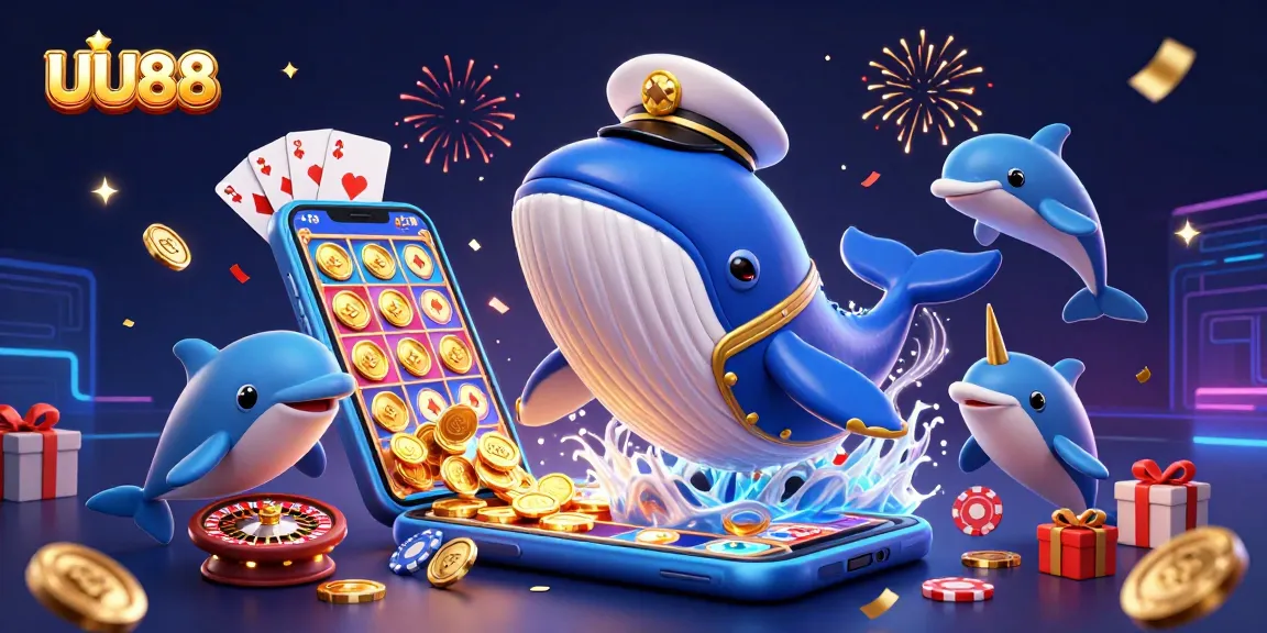UU88 casino artwork showcasing a vibrant whale and poker dolphins amidst riches.