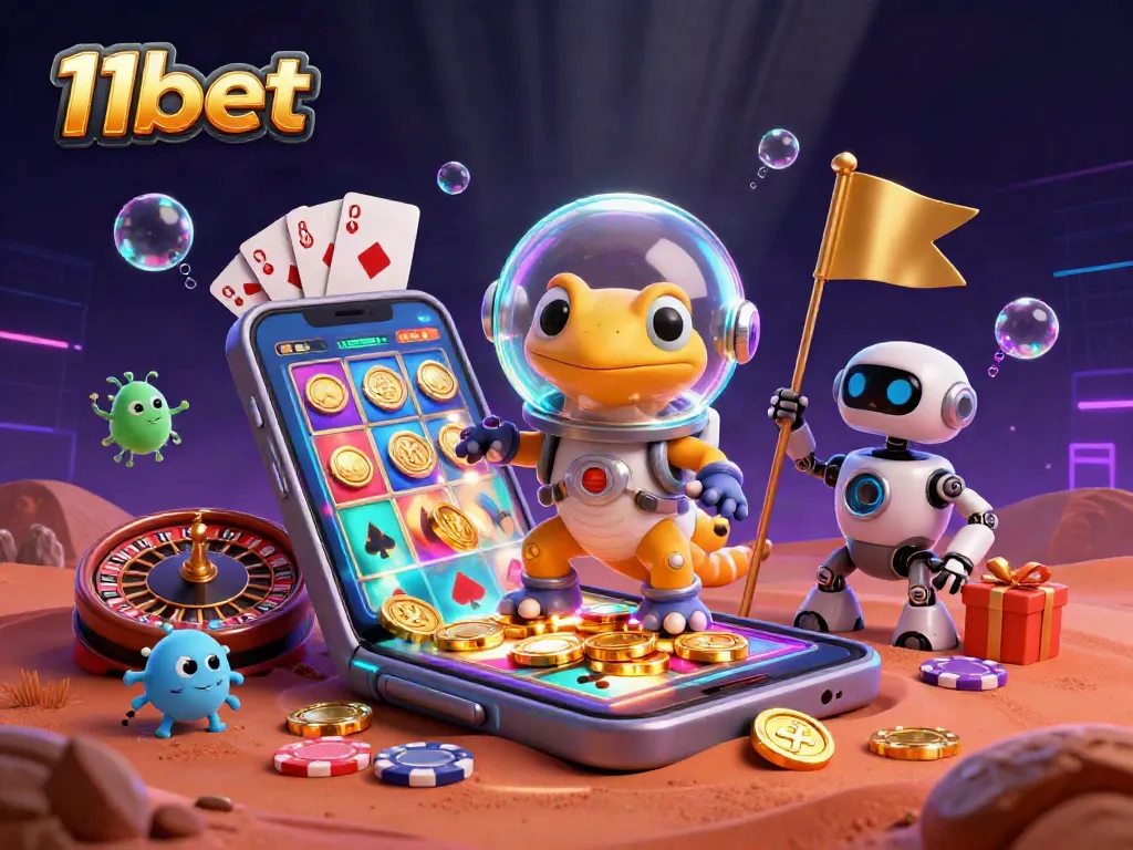 Engage with 11bet's vibrant casino experience, featuring dynamic elements and a Martian gecko character.
