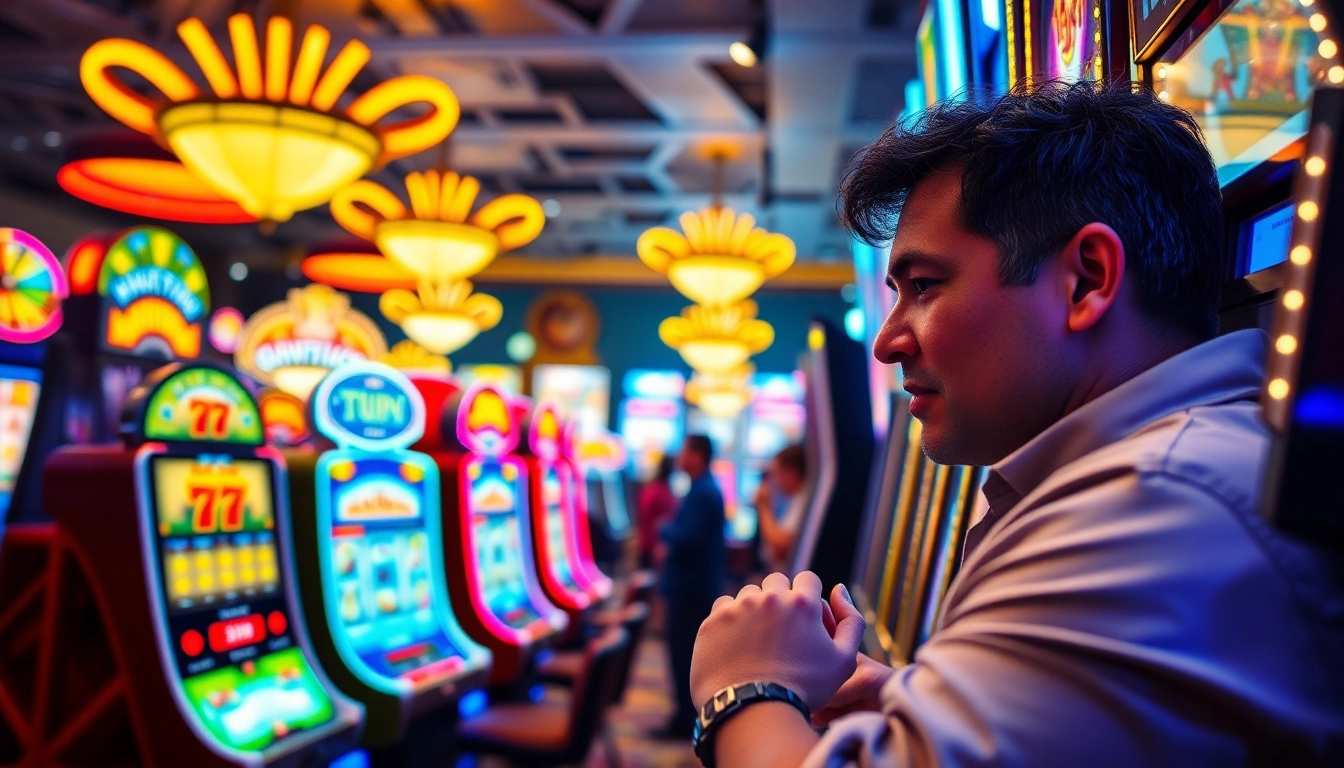 Engaging participants in a lively slot gambling experience with colorful machines and festive lights.