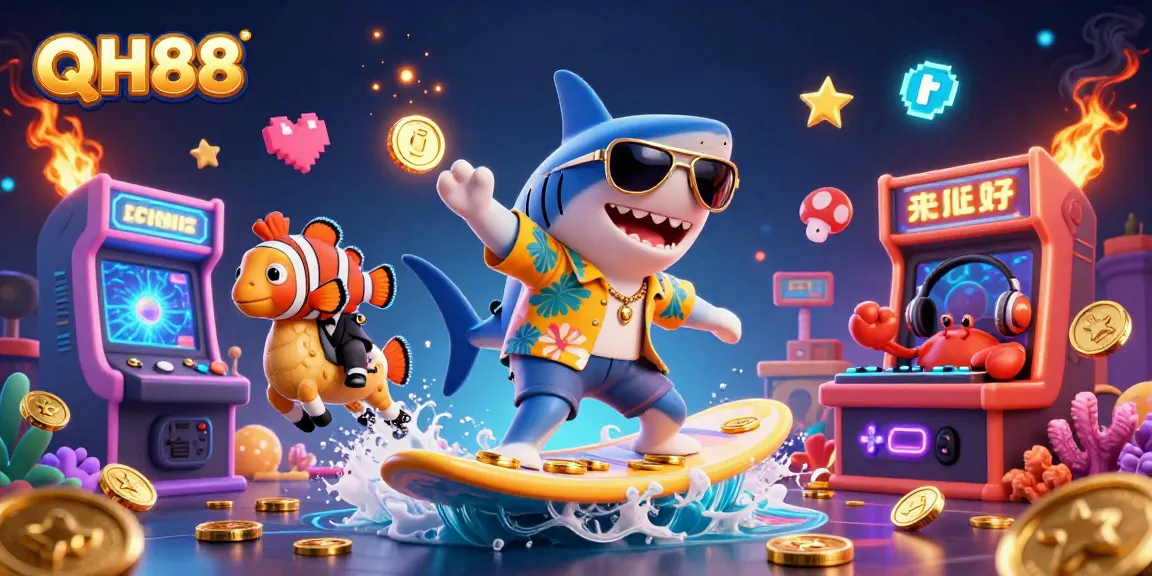 QH88 shark surfing on gold coins in vibrant casino scene with fun ocean elements.