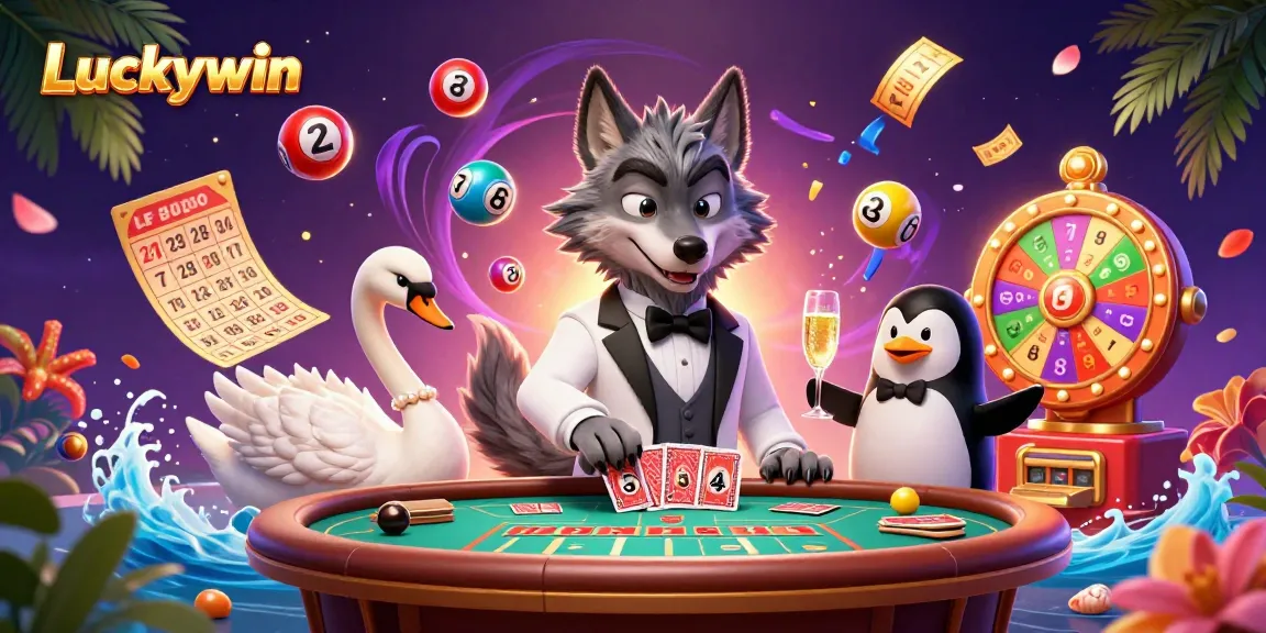 Experience exciting wins at Luckywin with a vibrant lottery and casino scene featuring animated characters.