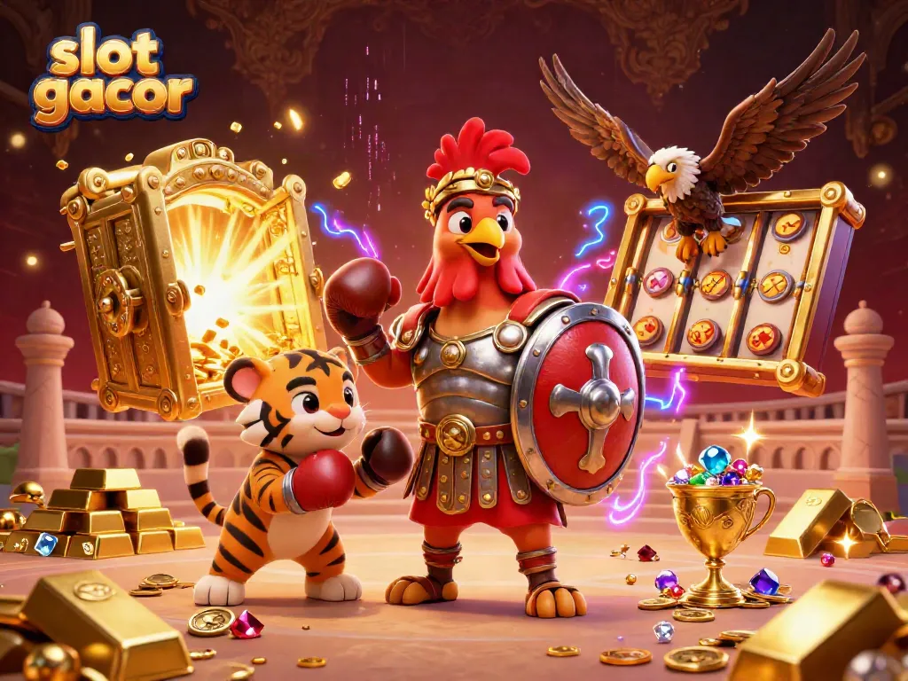 Watch how the slot gacor festivities unfold with a gladiator rooster and a tiger cub in a visually rich scene of jackpots and treasures.