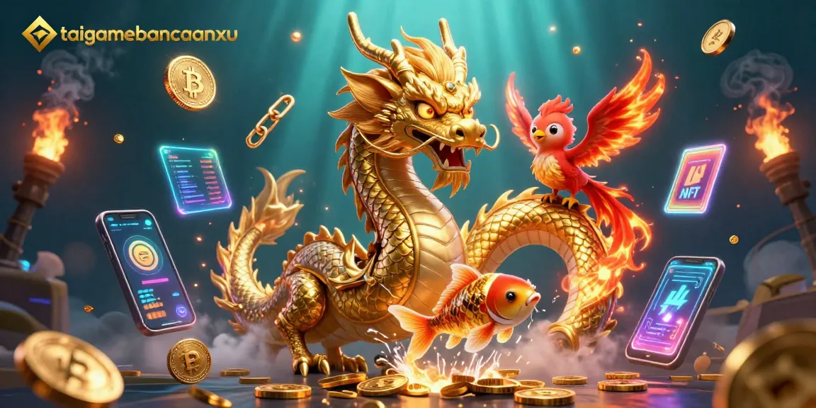 Engage with taigamebancaanxu featuring a majestic dragon and phoenix amidst vibrant crypto symbols.