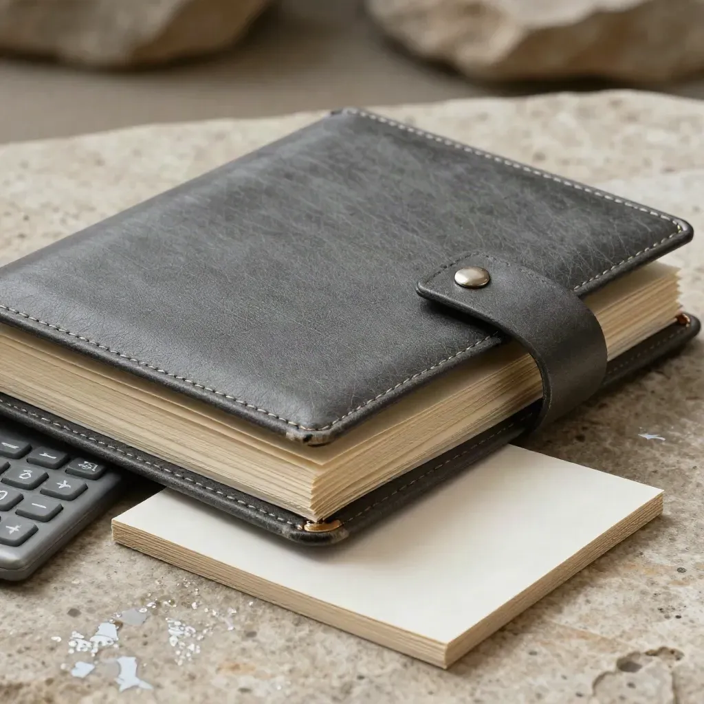 Slate report binder, tabbed folios, steel clips and calculator on pale stone after rain.