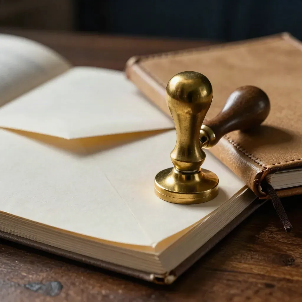Brass seal, ledger envelope and worn notebook on walnut wood in soft directional light.
