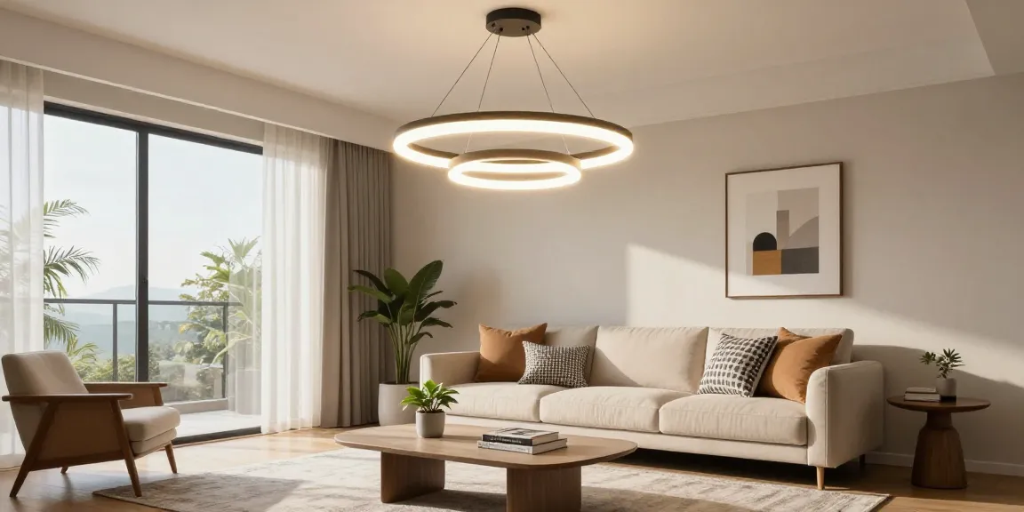 Lustra living modernă în living room elegant cu lumină naturală și decor contemporan.