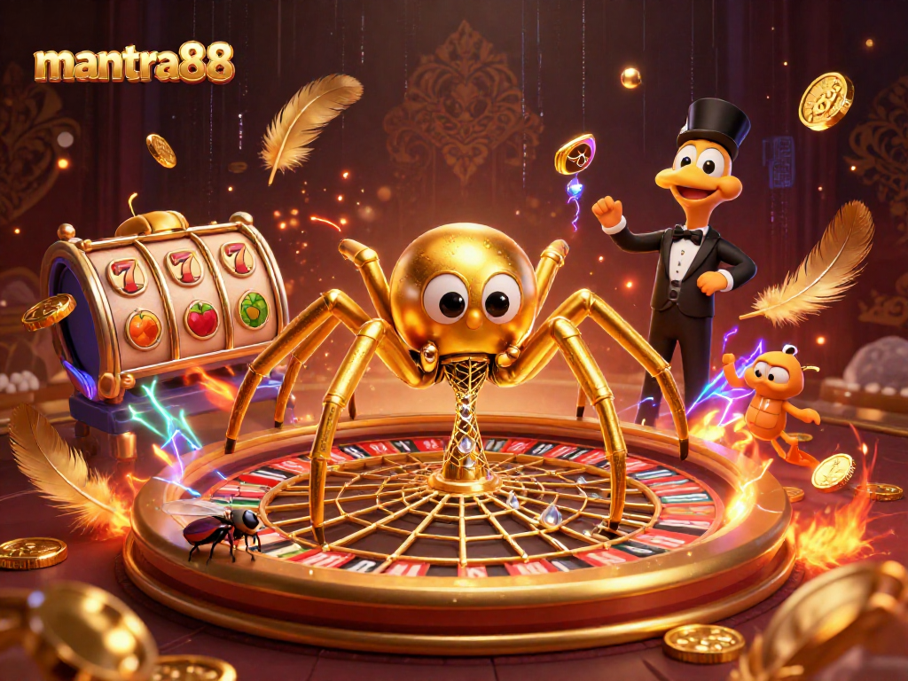 Experience the thrill with mantra88 as the golden spider weaves a roulette wheel web in a vibrant casino setting.