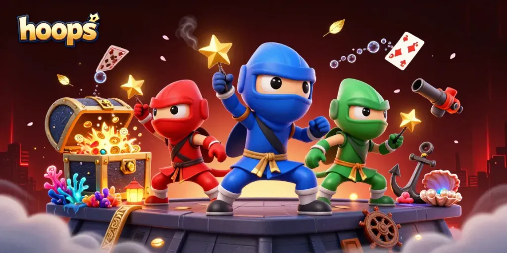 Engaging hoops-themed illustration showing vibrant ninja chameleons in action amidst gold coins and colorful gems.