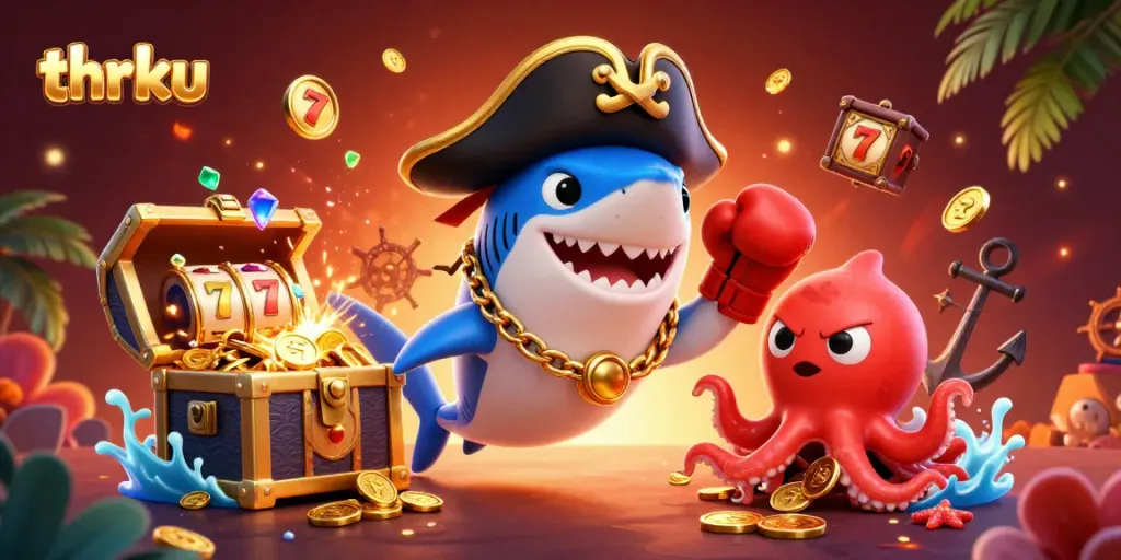Thrku's cartoon pirate shark and sidekicks celebrating wins in an aquatic casino adventure.