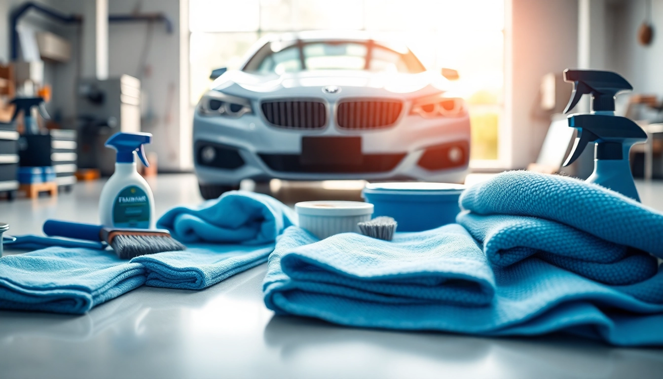 What products do I need to detail my car showcased in a professional car detailing setup, emphasizing organization.