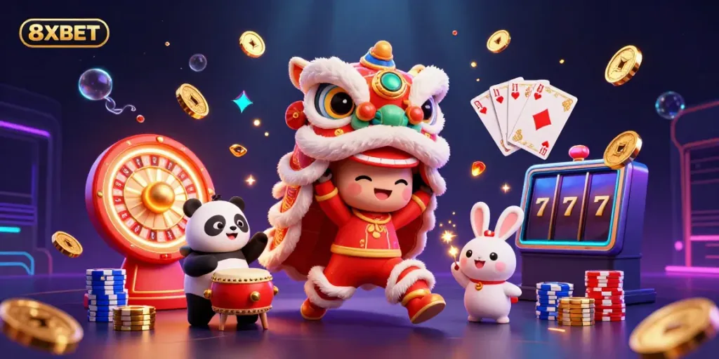 Engage with thrilling 8XBET antics as animated characters delight in a festive casino setting filled with coins, cards, and vibrant visuals.