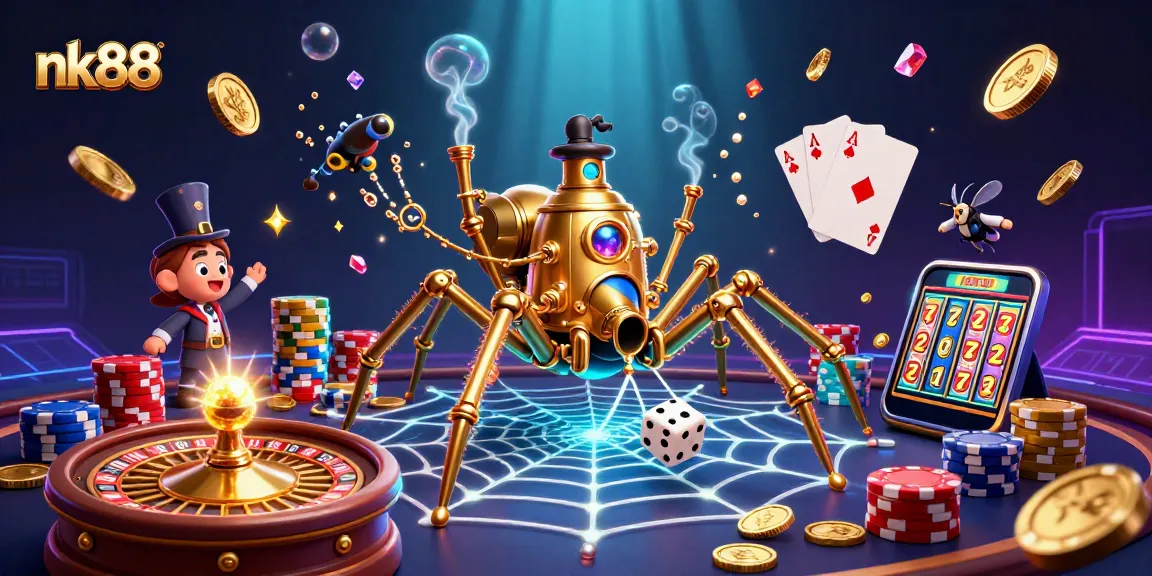Experience thrilling gameplay at nk88 with a golden spider capturing dice in a dazzling casino scene.