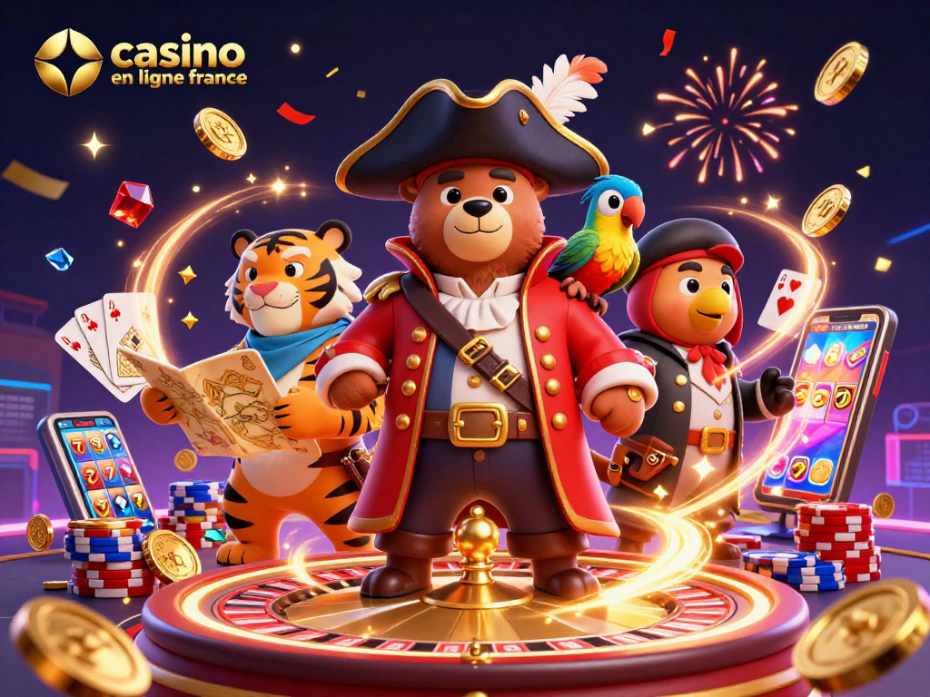 Plongez dans l'aventure avec notre illustration animée du casino en ligne France, mettant en avant un ours pirate et un tigre!
