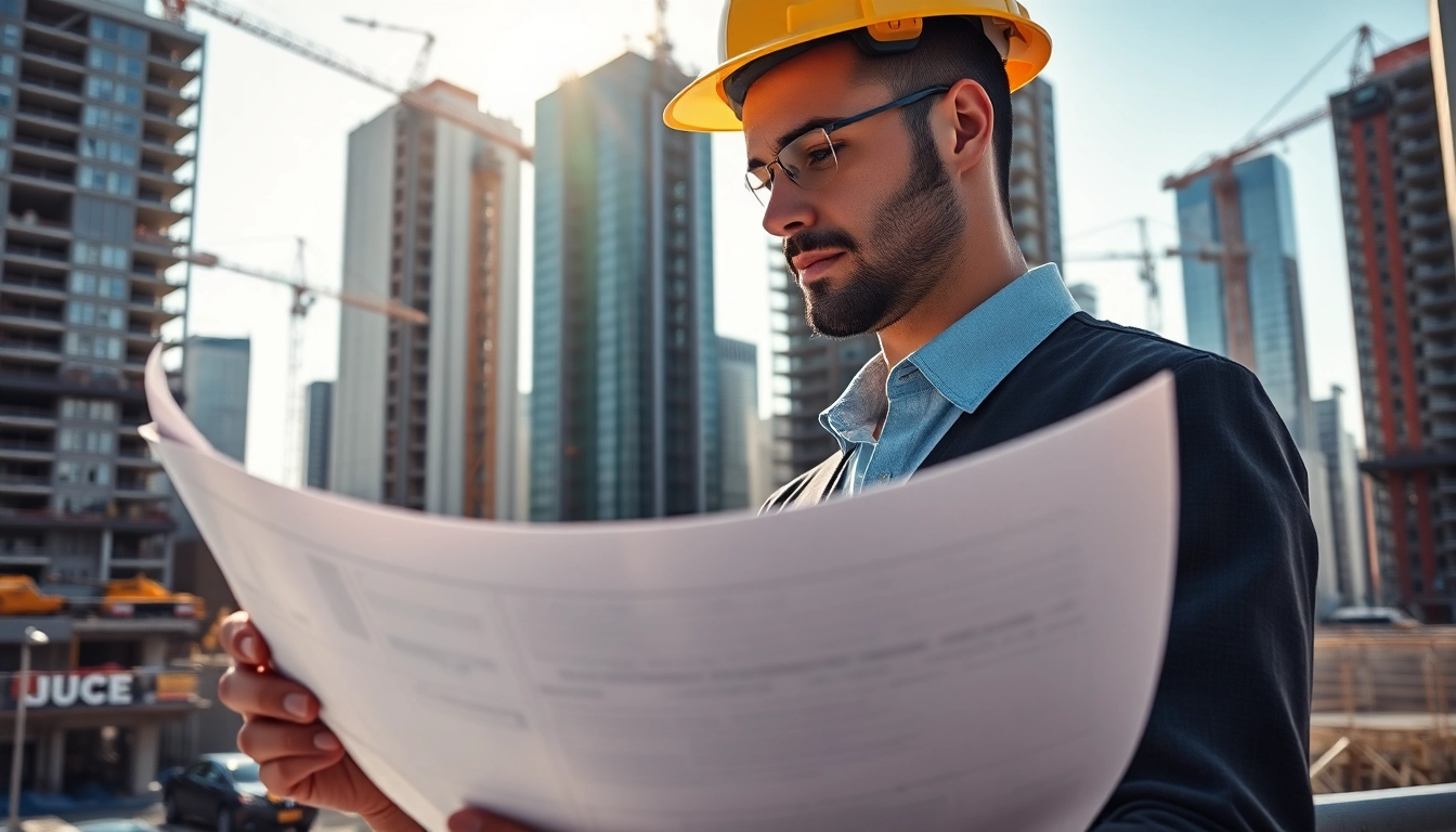 Manhattan Construction Manager analyzing project plans on a busy construction site in NYC.