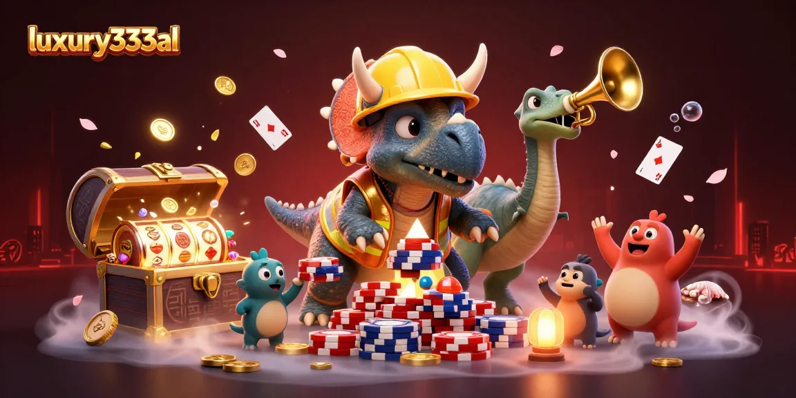 Celebrate wins at luxury333al with a triceratops building poker chip towers amidst glowing slots.