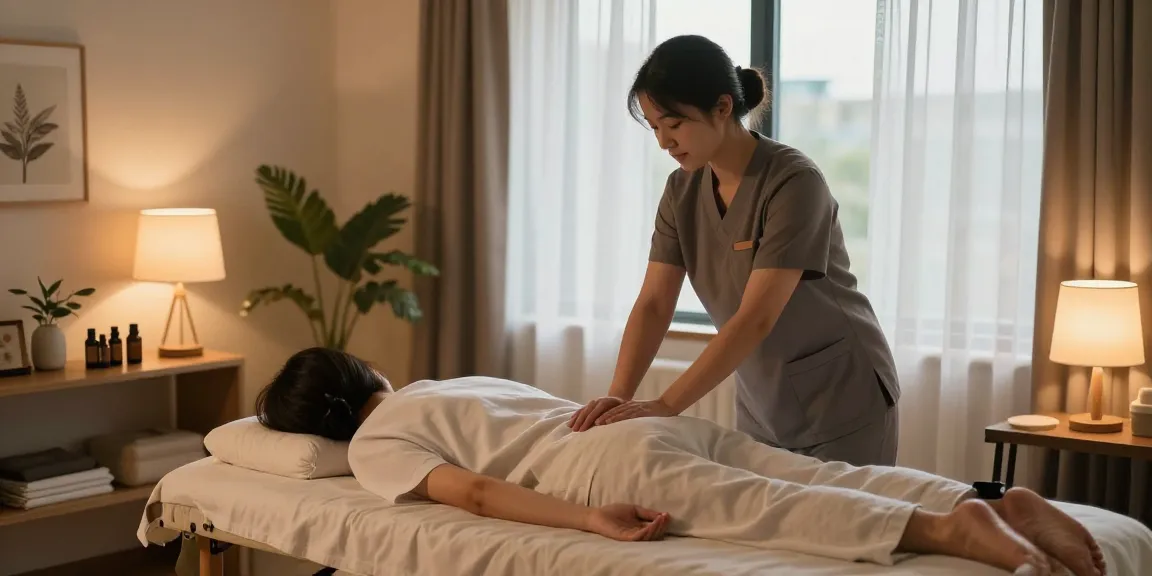 일산출장안마 service scene with a therapist preparing for a relaxing massage in a cozy apartment.