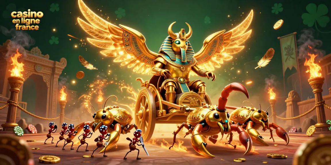 Visitez le casino en ligne France avec cette illustration dynamique de la scarabée colossale et ses personnages captivants.