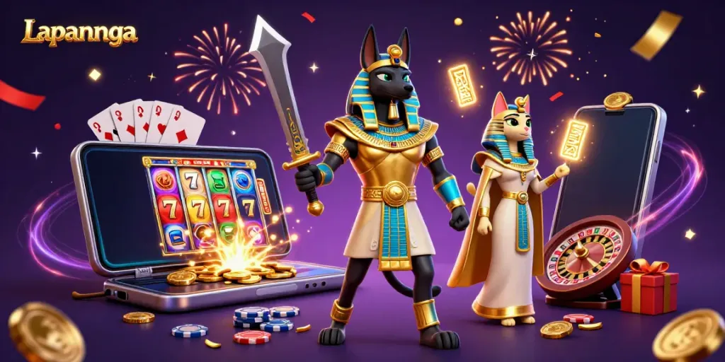 Experience the thrill of gaming with Lapannaga's vibrant 3D illustration, featuring Anubis and Bastet amidst dynamic elements.