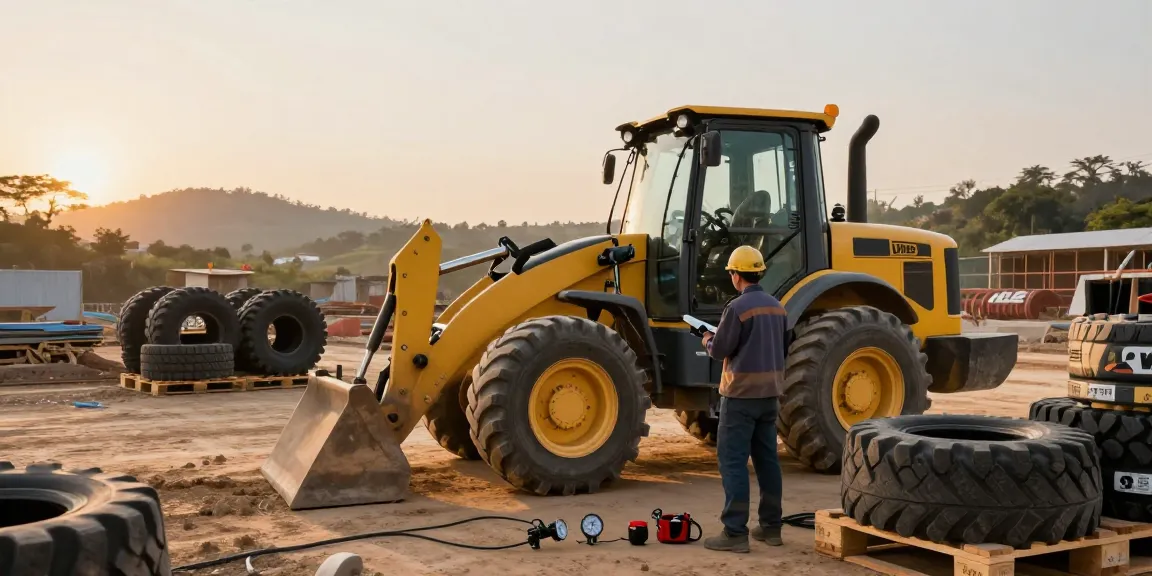 Technician inspecting premium tlb tyres on backhoe at Durban site.
