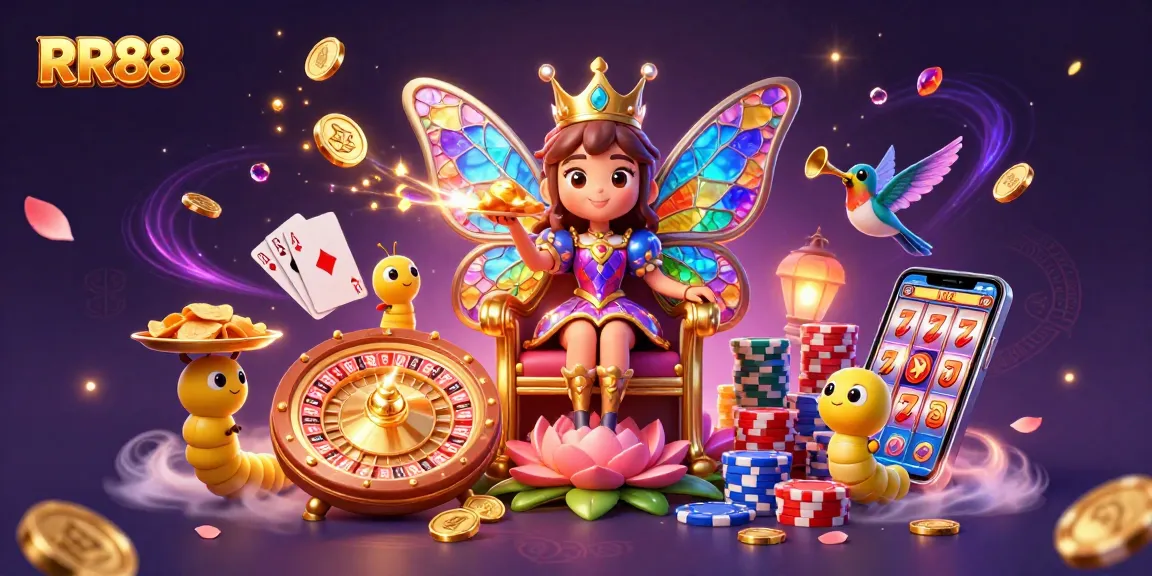 Experience the vibrant RR88 casino scene with a butterfly queen amidst floating coins and a roulette wheel.