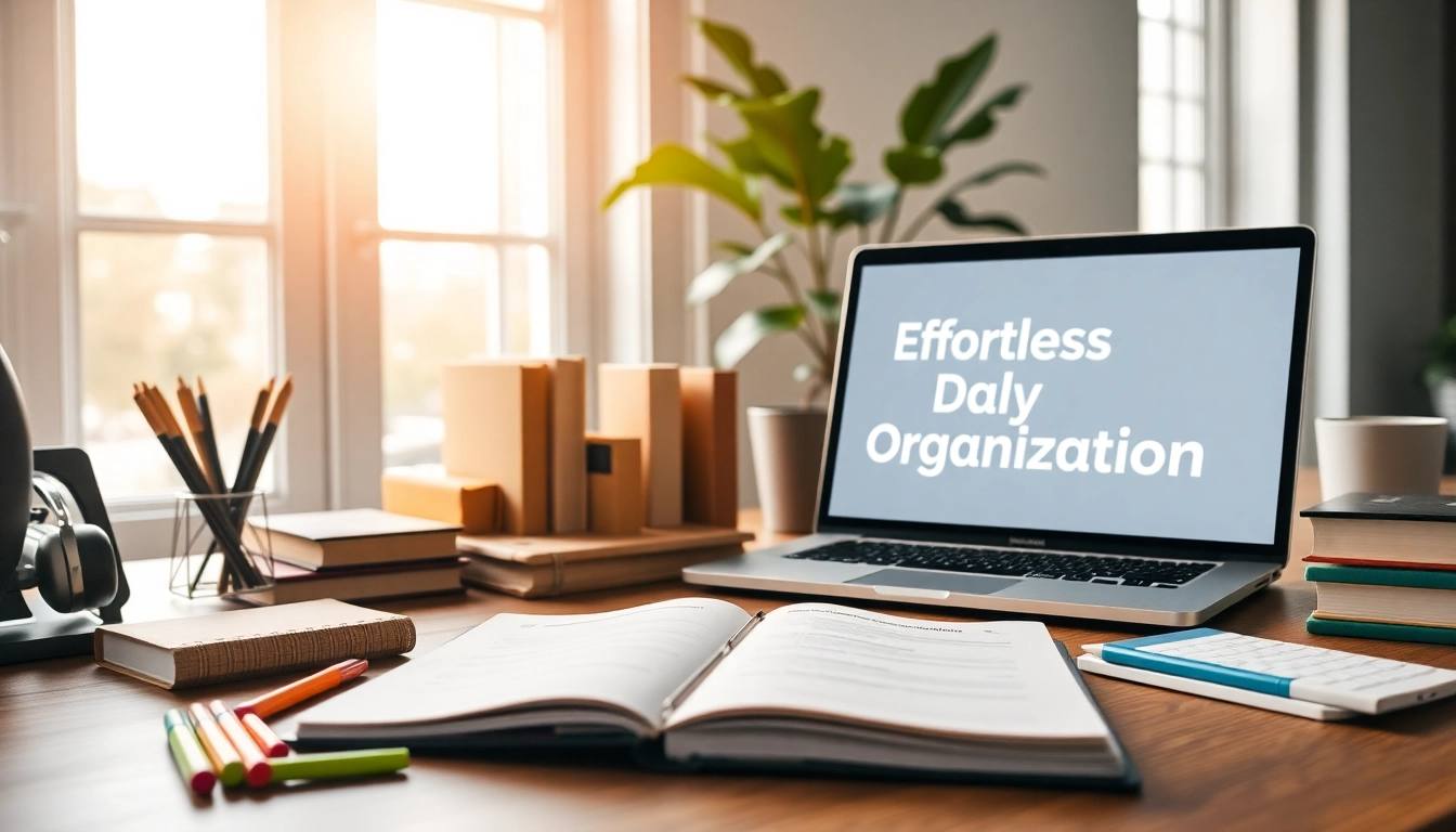 Showcasing Effortless Daily Organization with a stylish planner and digital devices in a bright workspace.