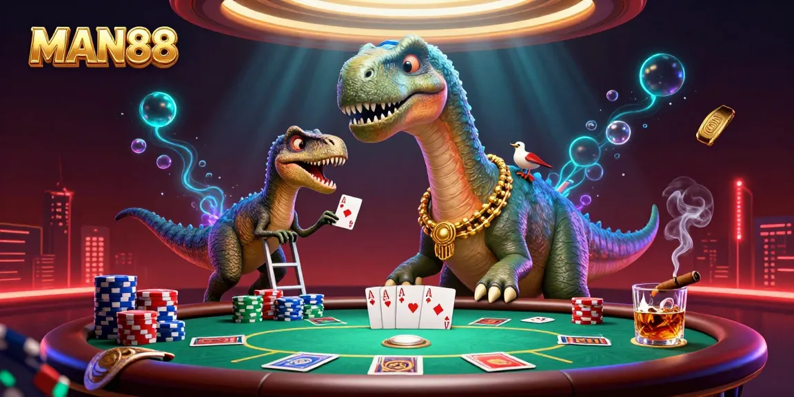 MAN88 engages players with a vibrant poker scene featuring a dinosaur and clever raptor.