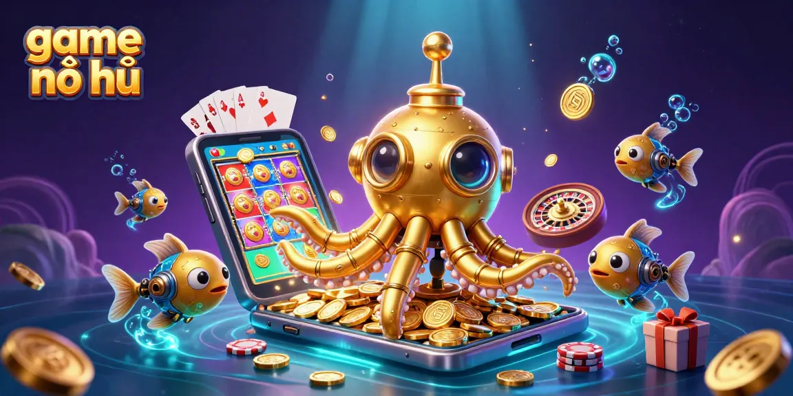Play game nổ hũ with a vibrant underwater scene featuring a golden kraken and slot game elements.