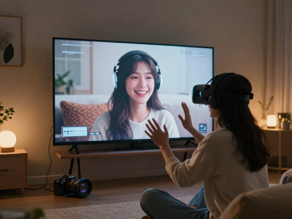 Engaging scene of a user with their nsfw ai girlfriend in a cozy tech setting.