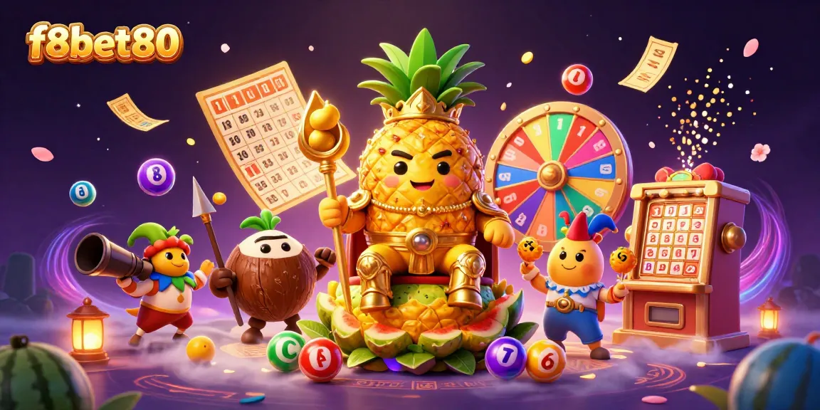 Experience f8bet80's vibrant casino scene with a king and jester amidst lottery excitement.