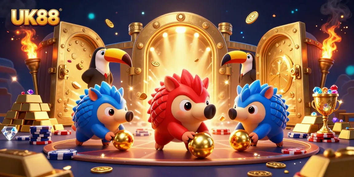 UK88 pangolins competing in a colorful casino scene with poker chips and treasure