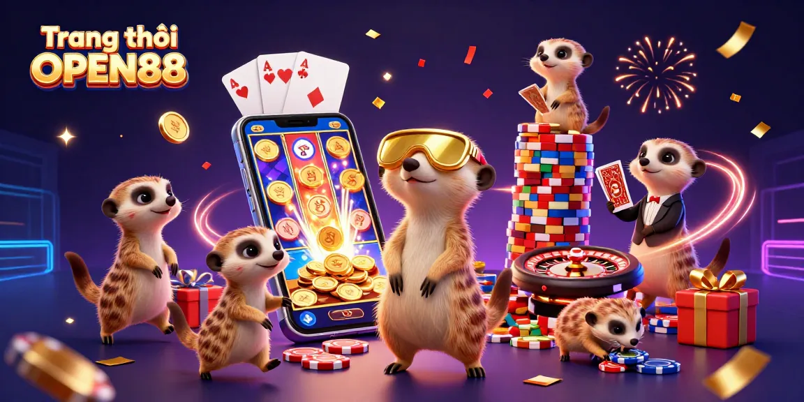 Engage in thrilling games on Trang chủ OPEN88 with colorful slot reels and exciting casino action featuring cheerful meerkats.